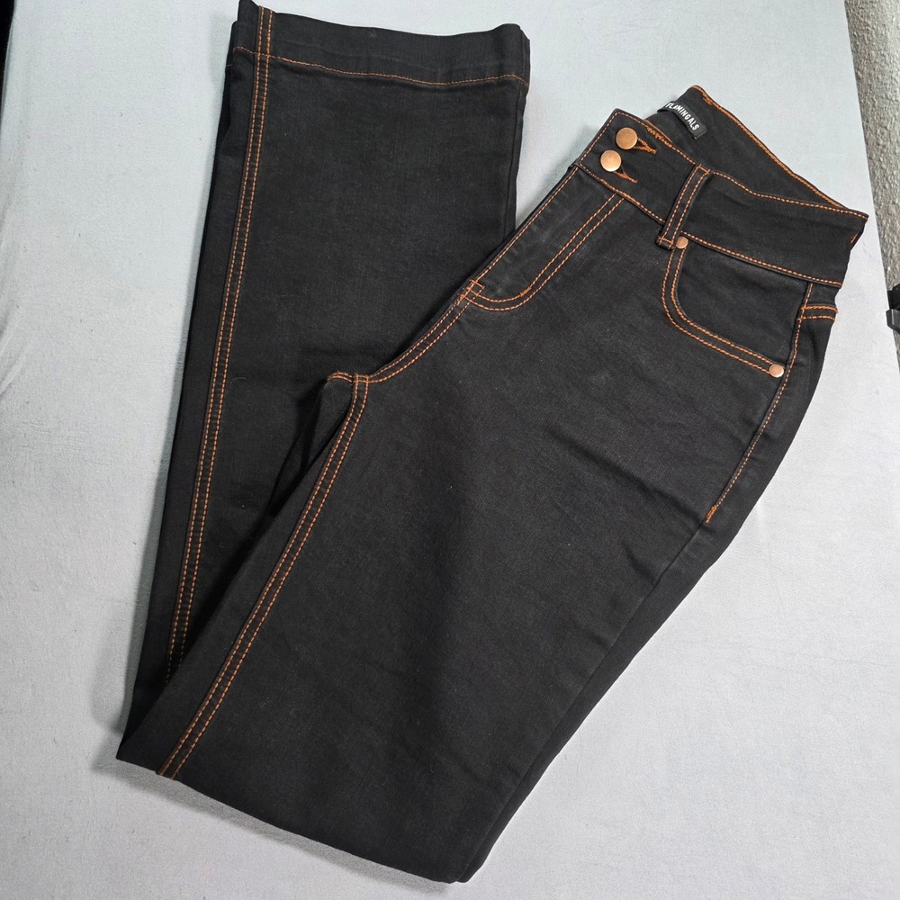 Flamingals Women Black Flare Jeans Orange Contrast Stitch High Rise Small 260970